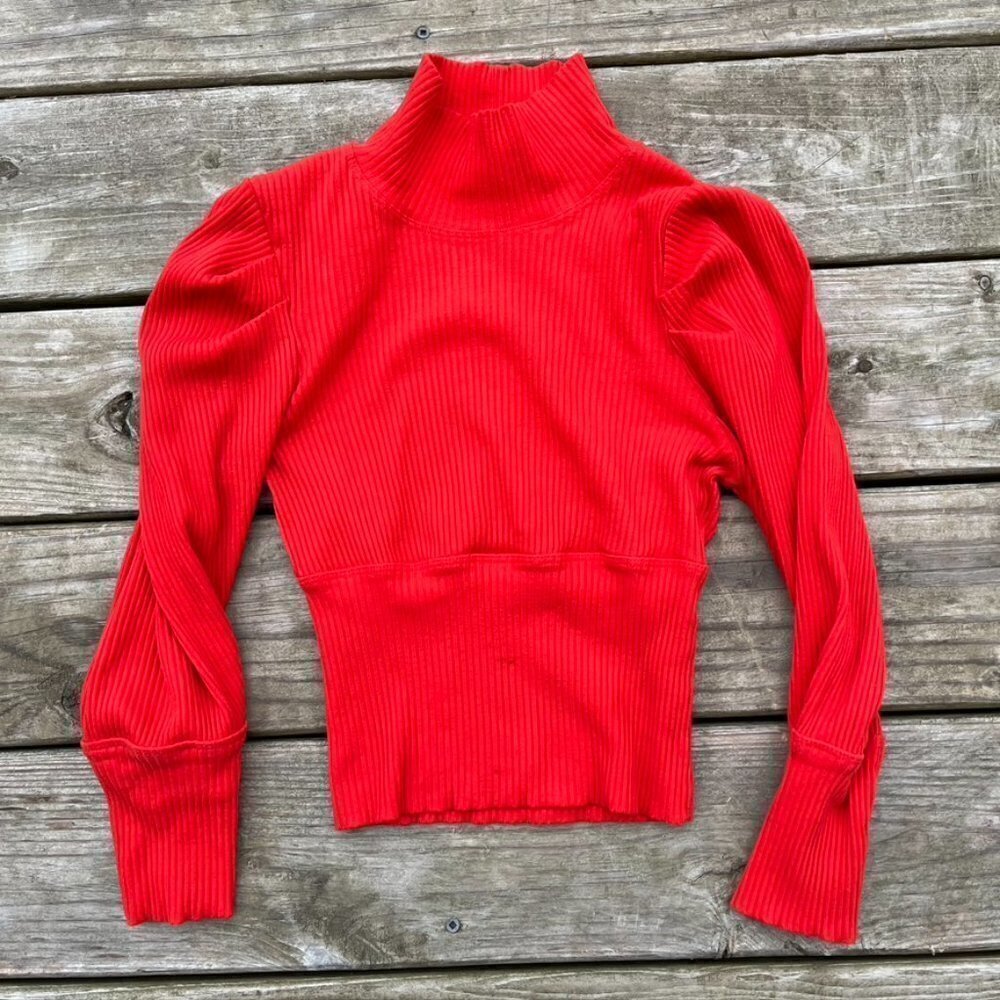 Free People Orange Ribbed Turtleneck Cropped Balloon Sweater Small